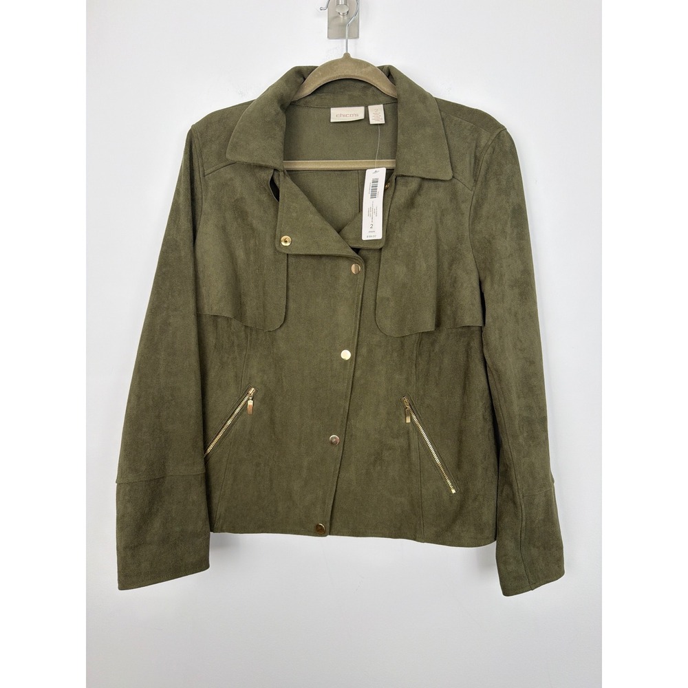 NWT Chico's Faux Suede Jacket 2 Olive Green Grape Leaf Utility Moto